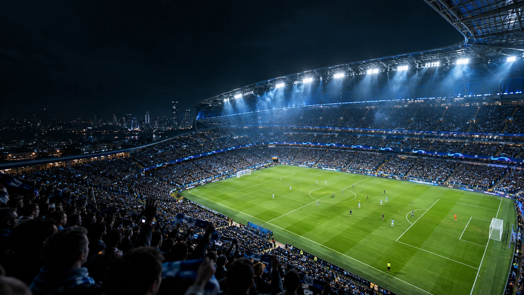 Un stade de football éclairé et des tribunes remplies